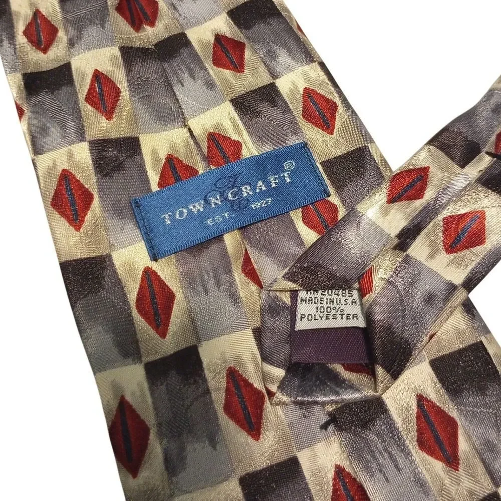 Towncraft Mens Geometric Diamond Checkered Necktie Silver Grey Red Made‎ in USA